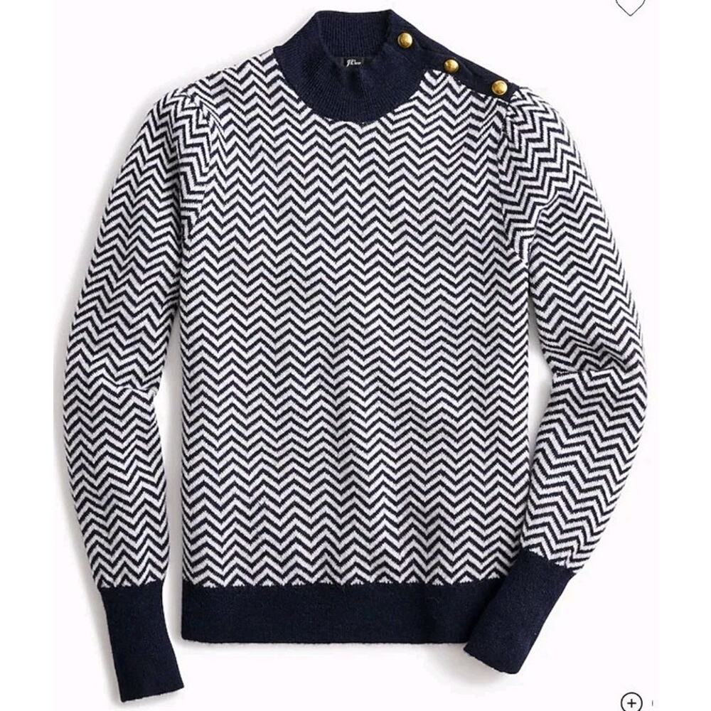 NEW J Crew Button Detail Mockneck Sweater Herringbone XS Blue White Alpaca Blend